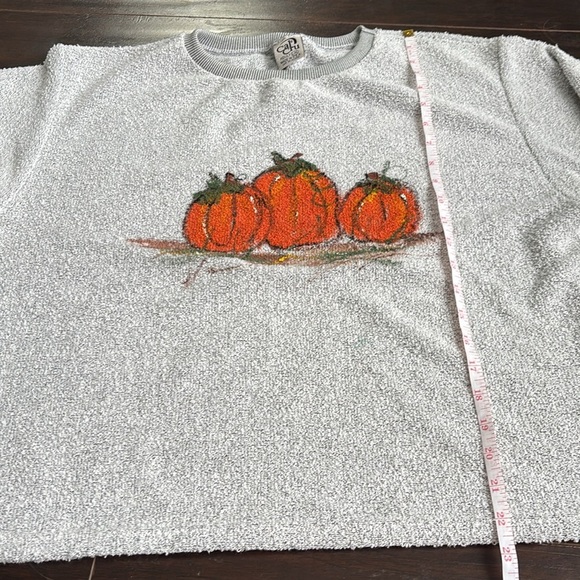 Cal Cru | Vintage Grey and White Crew Neck Sweater with Pumpkin Design Size L/XL - Picture 7 of 10